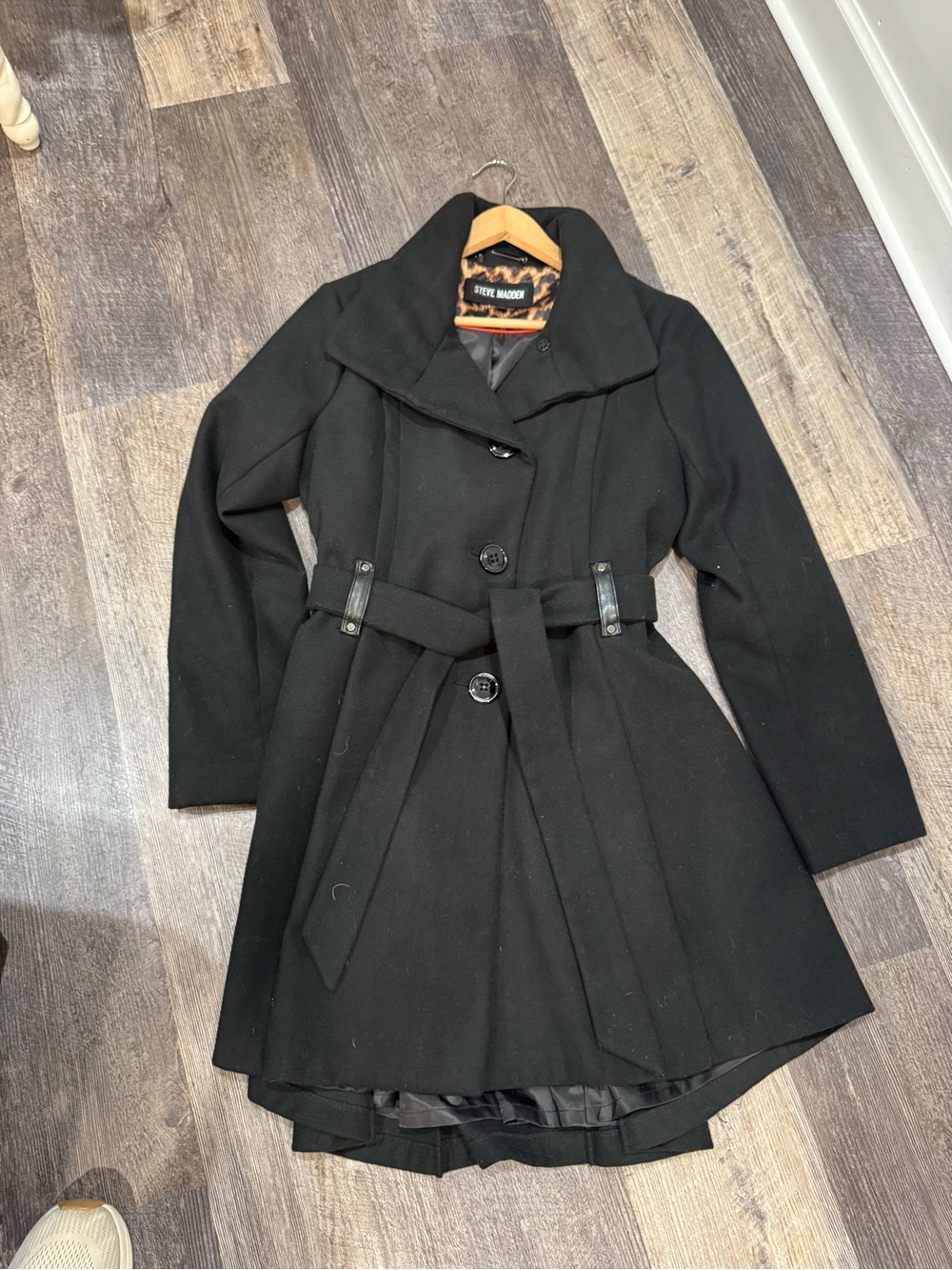 Steve Madden Black Belted Wool-Blend Trench Coat